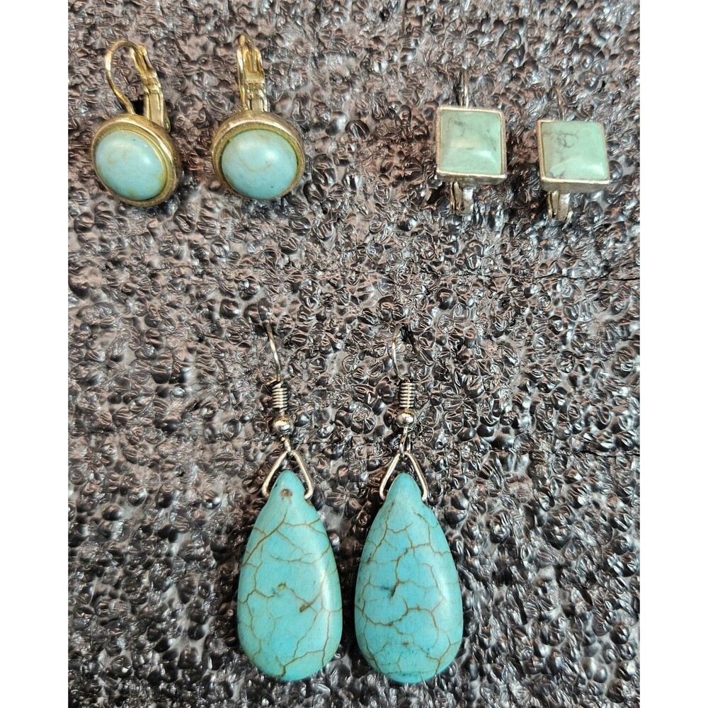 3 Pairs of Turquoise Set in Metal Earrings (1 CLIP-ON, 1 Dangle Style, 1 lobe)